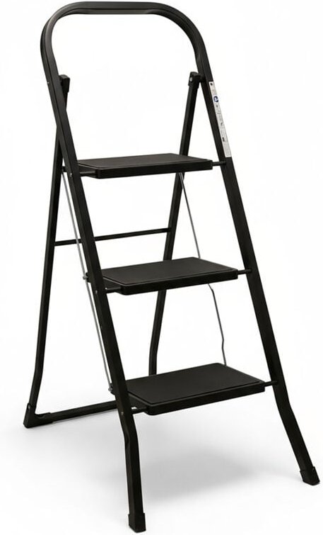 Stahl Trittleiter 3-stufig klappbar belastbar bis 150 kg - 105 x 73 cm - Antirutsch Klappleiter schwarz mit 3 Stufen und...