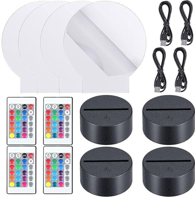 4 Stück 3D-Nachtlicht-LED-Lampensockel mit 4 transparenten Acrylplatten, 4 Fernbedienungen und 4 Ladekabel, verstellbar,...