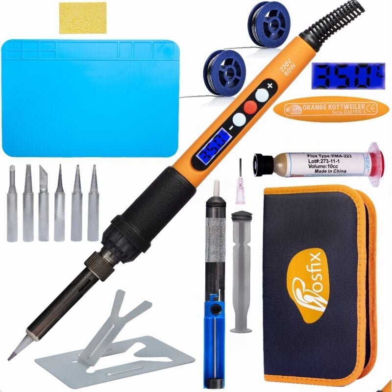 Rosfix Set Elektrisches Lötkolbenkit Orange Rottweiler Electric S – 60 W, 180–500 °C, LCD-Anzeige, ESD-Schutz 16-teilig ...