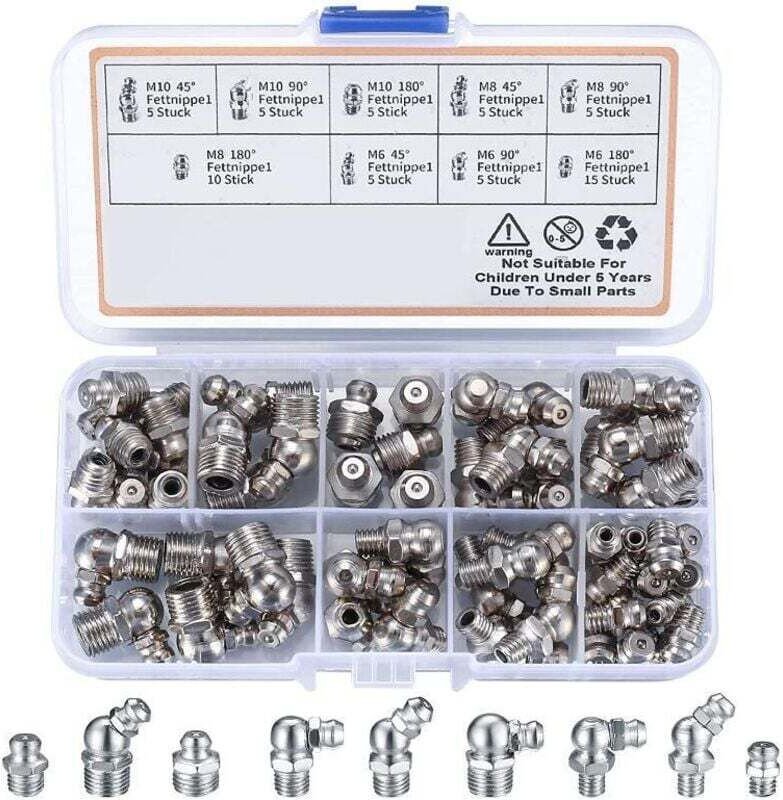 60-teiliges Sortiment an Schraub-Schmiernippeln M6, M8, M10, gerade Schmiernippel 45°, 90°, 180°, mit Kunststoffkoffer, ...