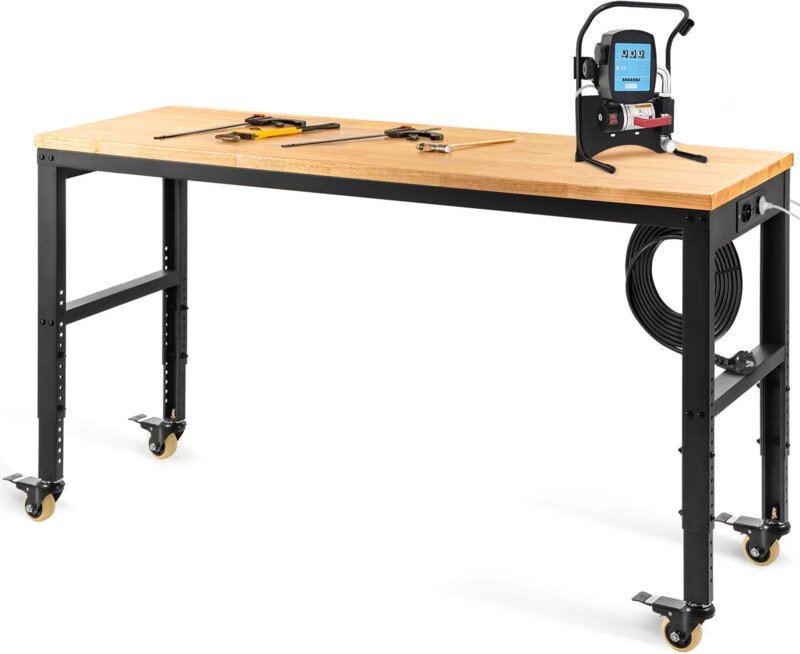 Höhenverstellbare Werkbank, 122cm b x 61cm t x 104cm h, 720KG Kapazität Garagentisch mit Steckdosen, Hartholzplatte, Met...