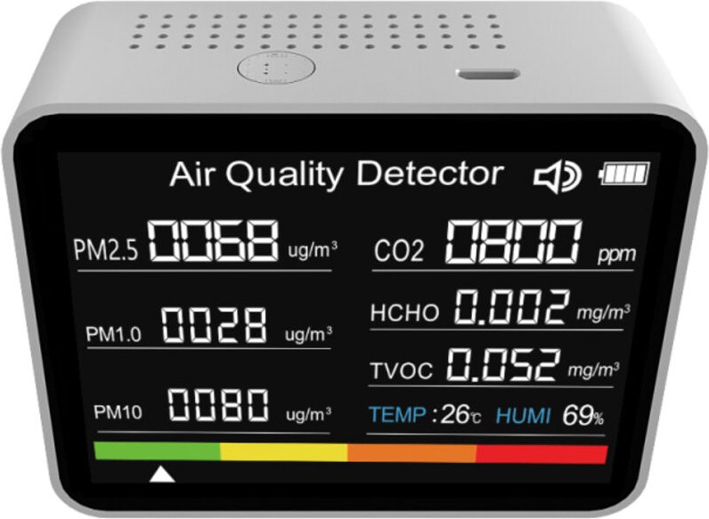 Monitor per la qualità dell'aria 8 in 1: rileva CO2, TVOC, HCHO, PM2.5, PM1.0, PM10, temperatura e umidità, con allarme....
