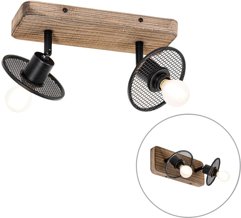 Industrieller Deckenstrahler schwarz mit Holz 2-flammig - Jasmijn