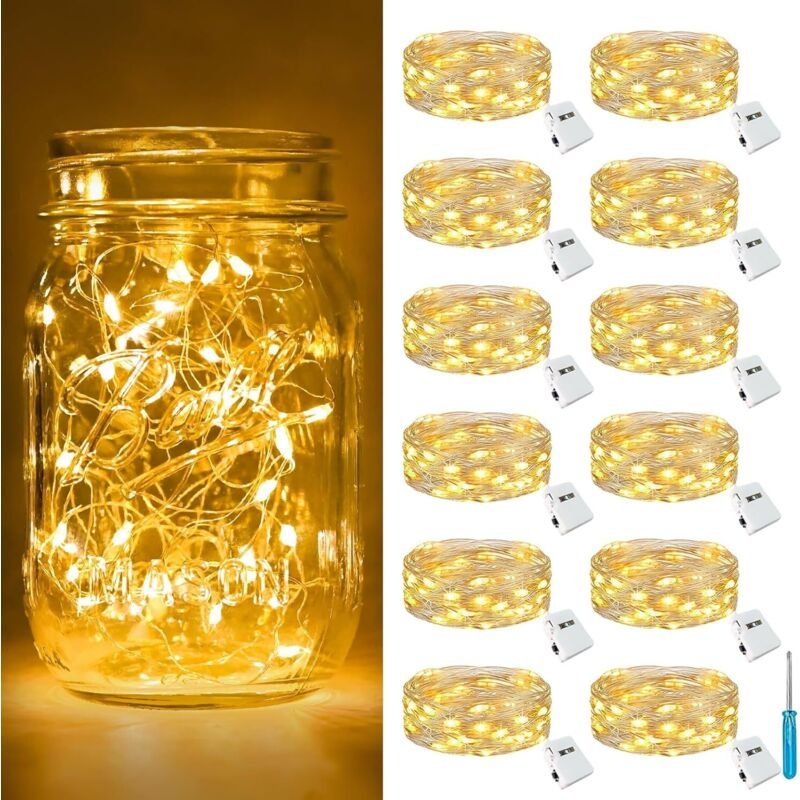 Set mit 12 Mini-LED-Lichterketten (batteriebetrieben), 2 m lang, 20 LEDs, 3 Modi, IP65 wasserdicht, kleine LED-Lichterke...