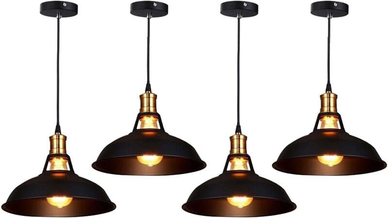 4er Pendelleuchte Lampenschirm Vintage Hängelampe aus Metall Edisen E27 Lampe für Loft Esszimmer Wohnzimmer Flur (Schwar...