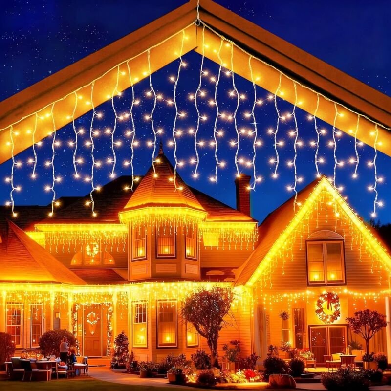 LED Eisregen Lichterkette Außen, 5M 200 LED, Warmweiß Eisregen Weihnachtsbeleuchtung Außen mit Timer/8 Modi/IP44/Memory-...