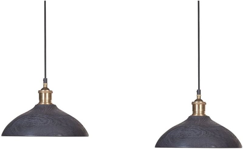 Hängeleuchte Schwarz Mango-Holz 2-Flammig mit Schirm Kegelform Metall-Details Messingfarbend Boho Stil Rustikal Esstisch...