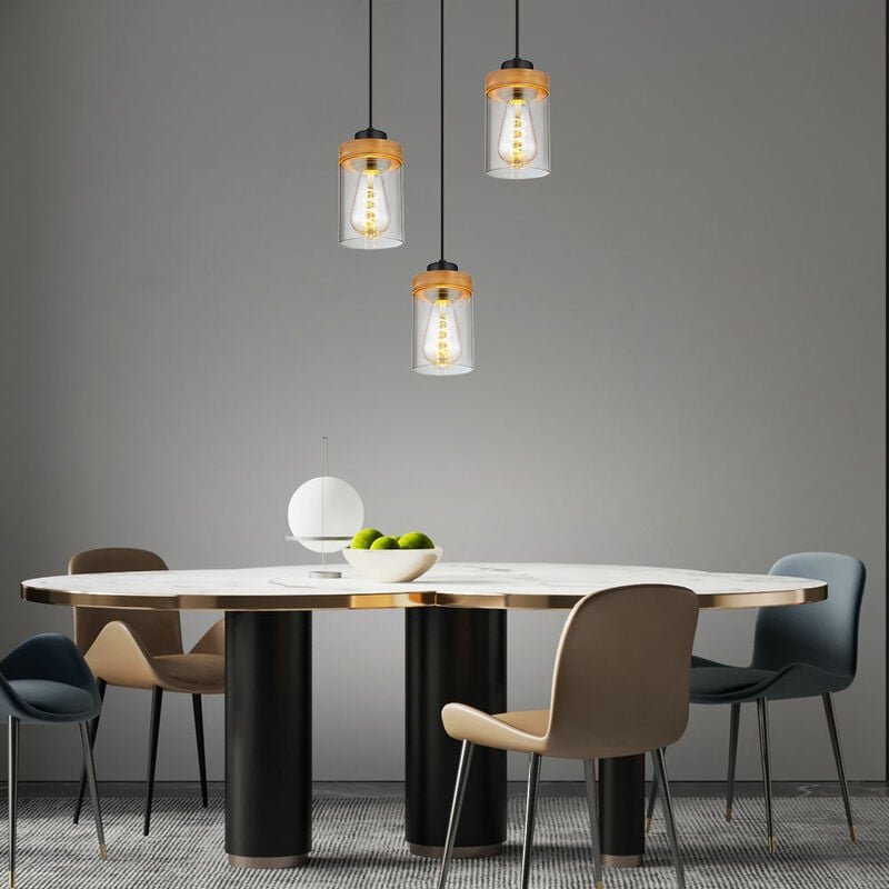 Hängelampe Hängeleuchte Pendellampe Pendelleuchte Esszimmerlampe, 3 Flammig Holzoptik braun Landhaus Rauchglas, E27 Fass...