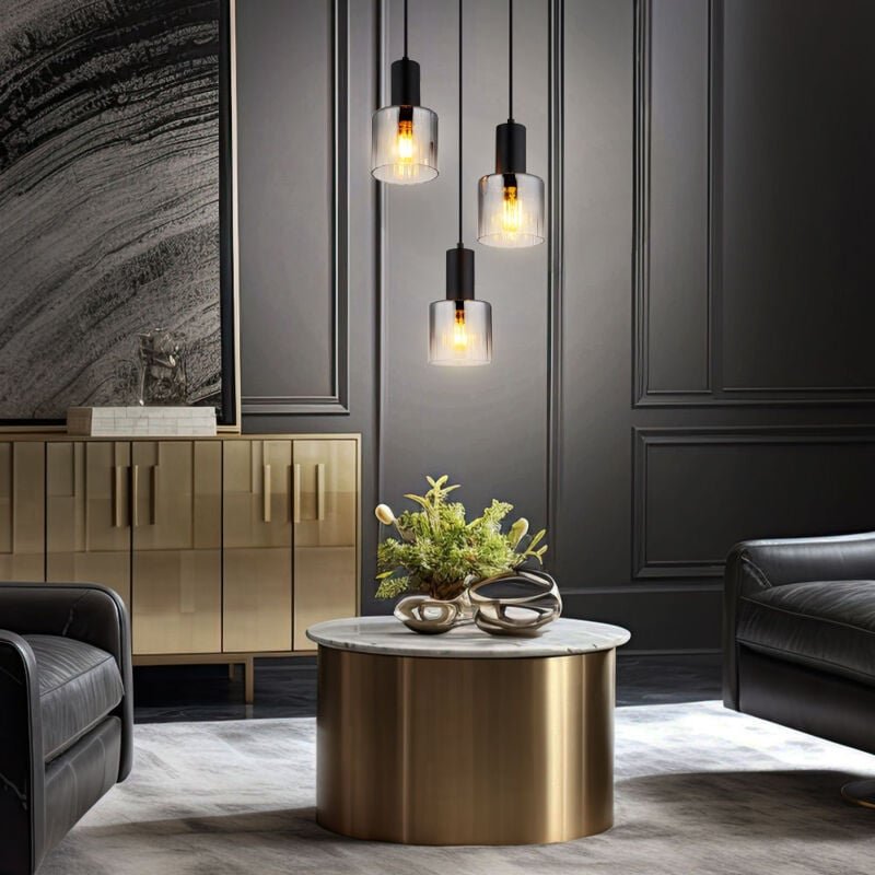 Nowa - Hängelampe Pendelleuchte Esszimmerlampe Rauchglas E27 Metall schwarz 3-Flammig