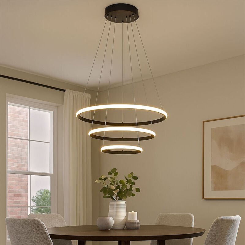 Thumbnail - LED Pendellampe Esstischleuchte Ringe schwarz Wohnzimmerlampe Hängelampe schwarz, 39W 2850lm warmweiß, DxH 60 x 100 cm