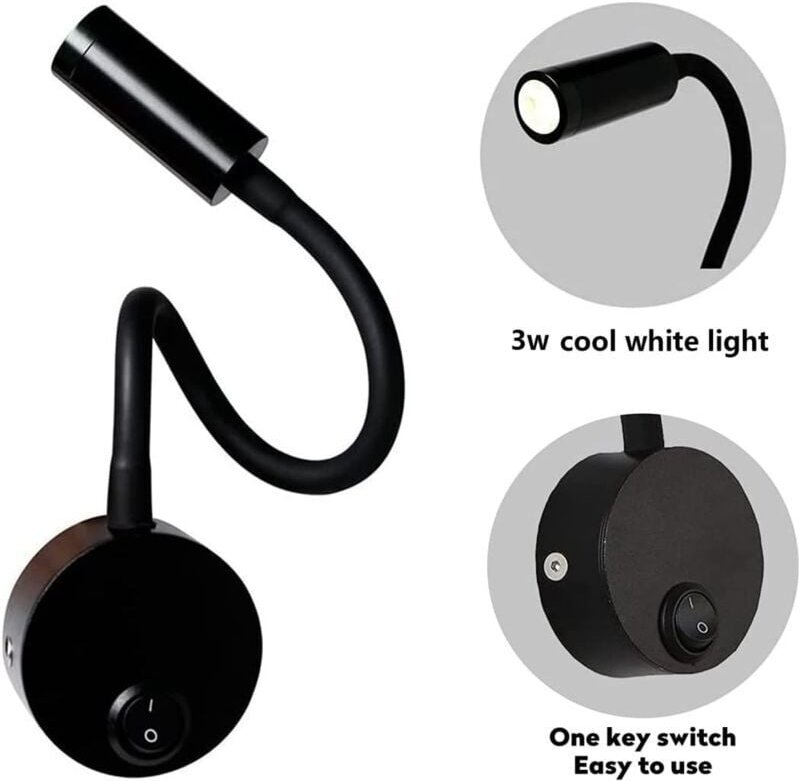 Odipie - Schwarze 3-W-Wandleselampe, flexible verstellbare Halswandlampe, Aluminium-Schreibtischlampe, Nachttischlampe m...