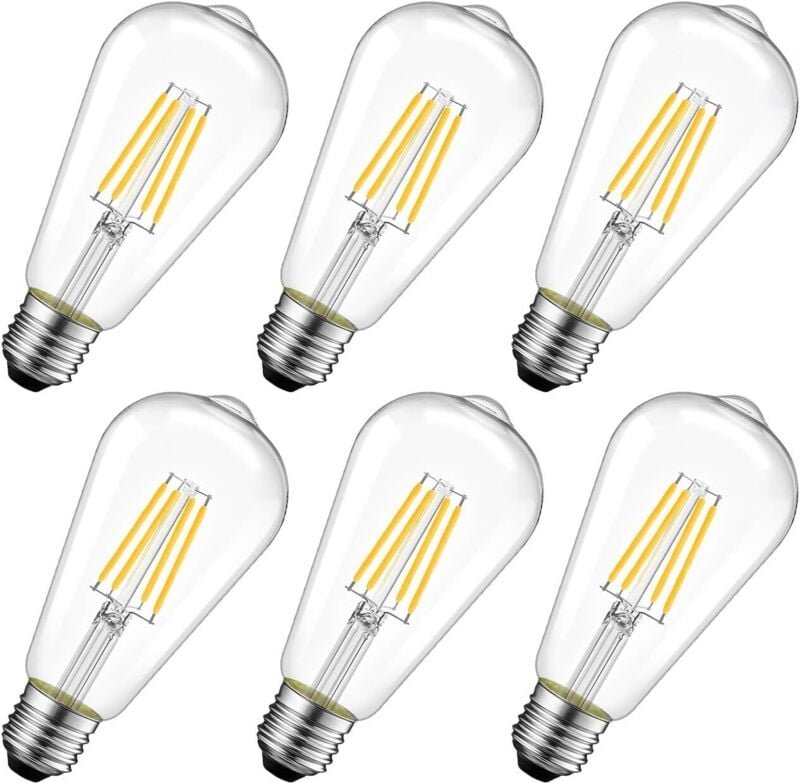 Aougo - 8W LED-Glühlampe E27 ST64, Edison-Glühbirne, entspricht 60W Glühlampe, 2700K Warmweiß, 6er-Pack [Energieklasse e...