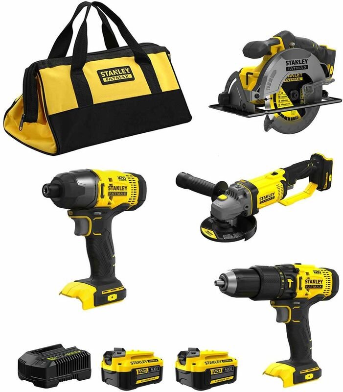 Stanley - FatMax Kit SFMCK469M2 (SFMCD711 + SFMCF800 + SFMCG400 + SFMCS500 + 2 x 4,0 Ah + Ladegerät + Tasche xl)
