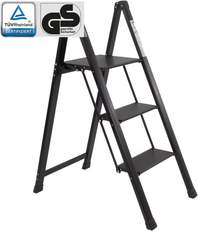 Alu Trittleiter 3-stufig schwarz klappbar 150 kg Anti-Rutsch Trittflächen TÜV/GS Klapptritt