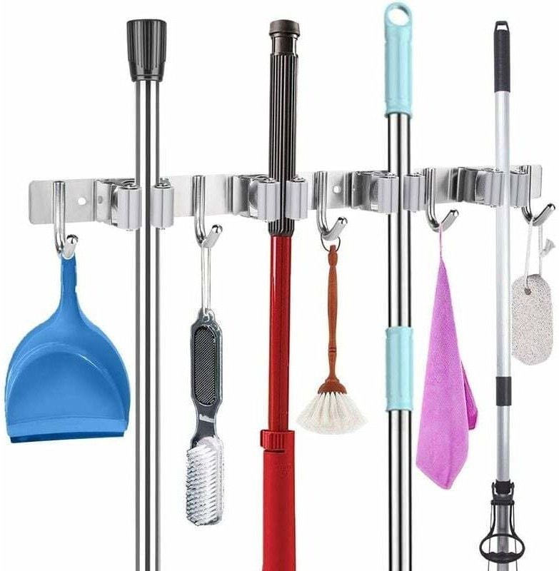 Wandmontierter Besenhalter aus Edelstahl mit Bedienstange für Haushaltsgeräte, mit 4 Schlitzen und 5 Haken für Küche, Ba...
