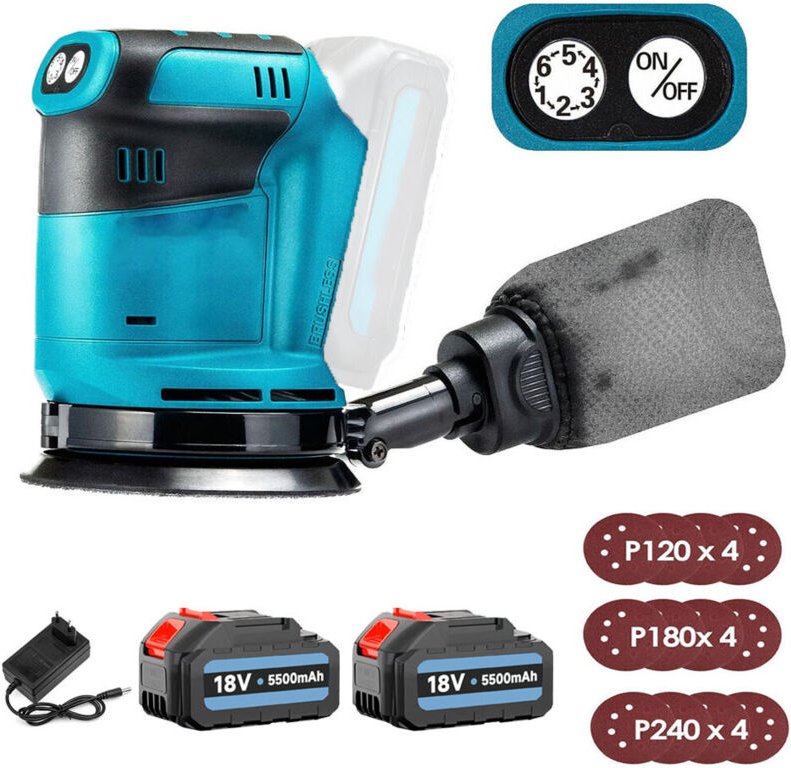 125-mm-Akku-Elektro-Exzenterschleifer, bürstenlos, 6 Geschwindigkeiten, schnell anzubringender Staubbeutel und 12 Scheib...