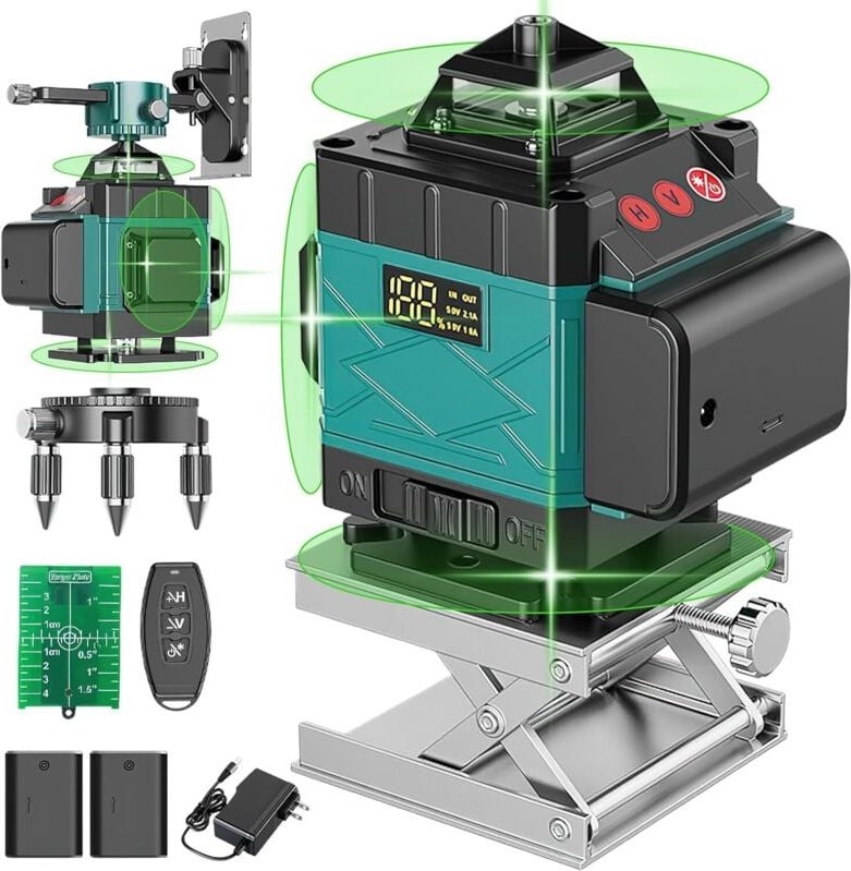 360° x 4 Laser-Wasserwaage, 4D selbstnivellierender 16-Linien-Baustellenlaser, 2 x 360 horizontale und 2 x 360 vertikale...