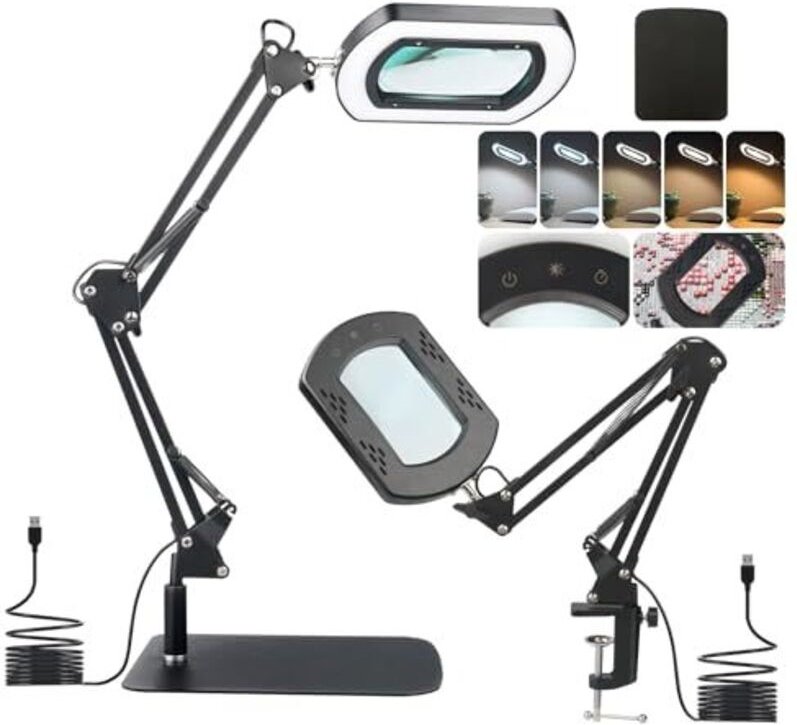 2-in-1-Rechtecklupenlampe mit 10-facher Vergrößerung, Licht und Stativ, 5 Farbmodi und 3 Dimmstufen, beleuchtete Lupe zu...