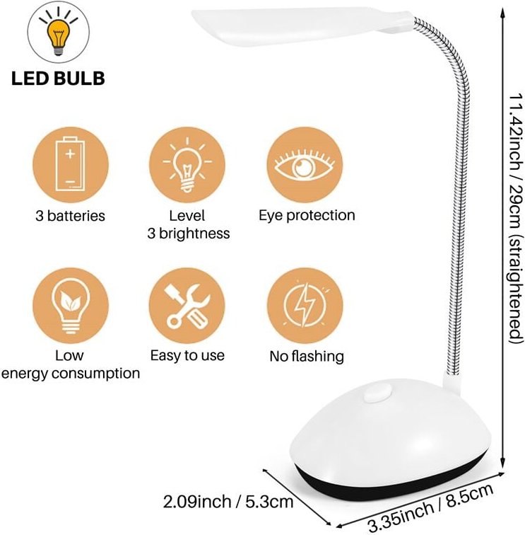 LED-Schreibtischlampe, leichte Tischlampe mit 360-Grad-Drehung, Augenschutz, für Kinder, zum Lesen zu Hause, Weiß
