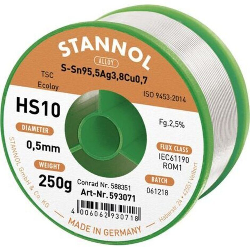 Stannol - HS10 2510 Lötzinn, bleifrei Spule Sn95,5Ag3,8Cu0,7 ROM1 250 g 0.5 mm