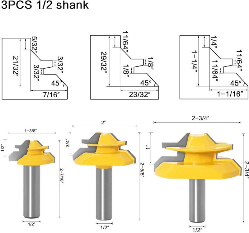 Stück Schaft 45 Grad Gehrungssperre Fräser Zapfen Holzbearbeitungswerkzeug für Holzschneiden Hartmetalllegierung 1/2'' -...