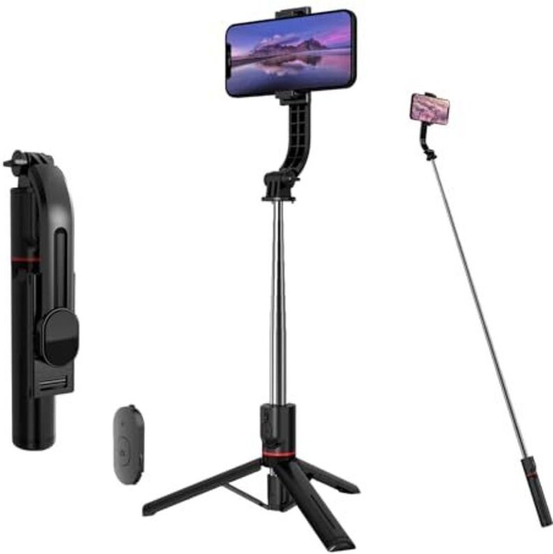 Selfie-Stick mit Stativ, ausziehbar bis zu 113 cm, 360° drehbar, mit Fernbedienung und abnehmbarer Handyhalterung, ultra...