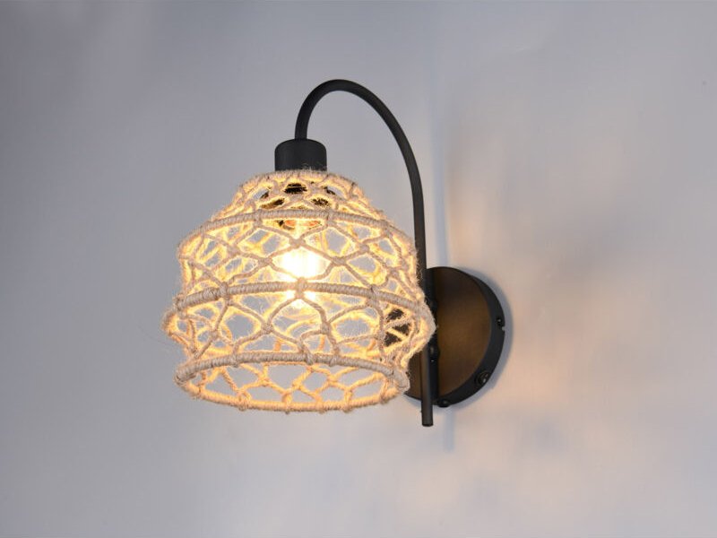 Boho led Wandleuchte mit Schalter & Lampenschirm geflochten Hanfseil, Höhe 32cm