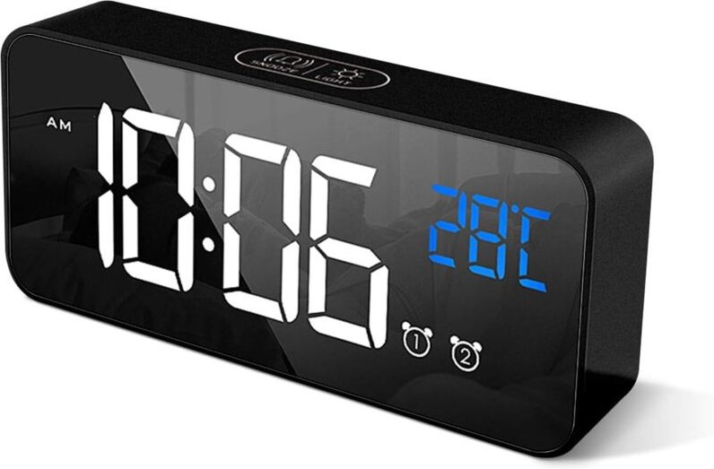 Ersandy - Digitaler Wecker mit großer LED-Temperaturanzeige, tragbarer Spiegelalarm mit zwei Alarmen, Schlummerzeit, 4 S...