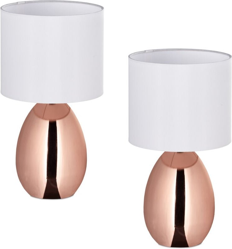 Nachttischlampe, 2er Set, mit Schalter, Fensterlampe, 3 Stufen, E14, Tischlampe, hd: 33,5x18 cm, kupfer/weiß - Relaxdays