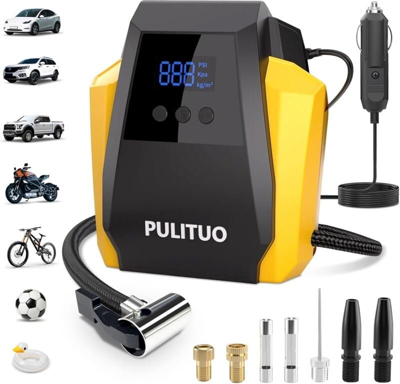 Pulituo - Compresseur d'air portable Accessoires auto : pompe à air 12 v cc pour pneus de voiture avec manomètre numériq...