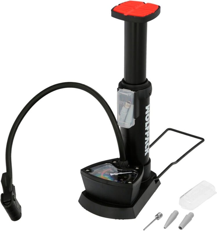 Fußpumpe mit Pedal und 6 Bar Manometer. SCHRADER- und PRESTA-Ventile mit Adaptern. Kunststoffbasis