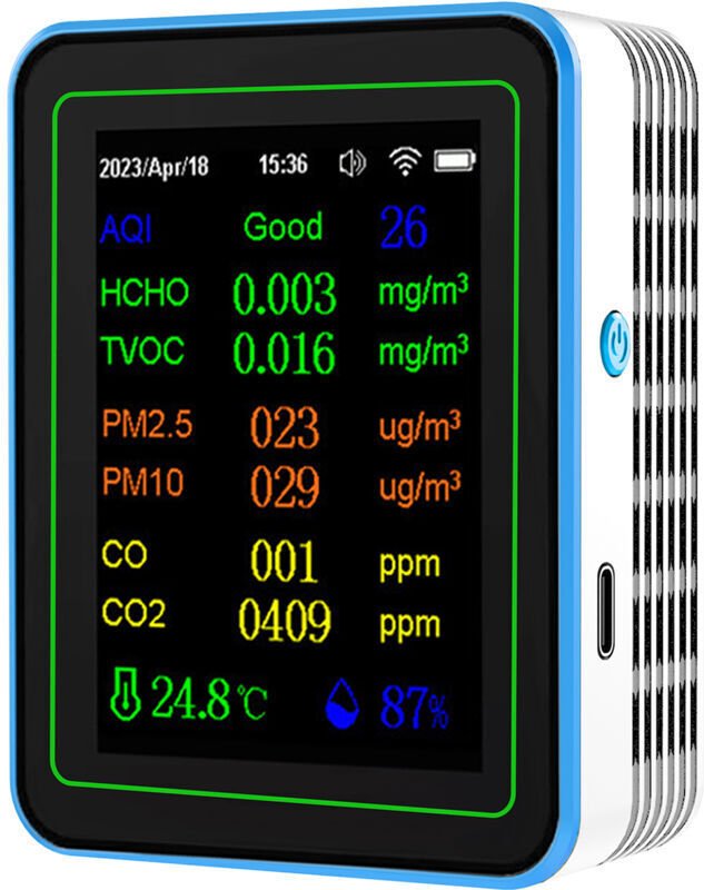12-in-1 WiFi-Luftqualitätsdetektor, Kohlendioxiddetektor mit Datums-/Zeitanzeige, AQI PM2.5 PM10 HCHO TVOC CO CO2 Temper...
