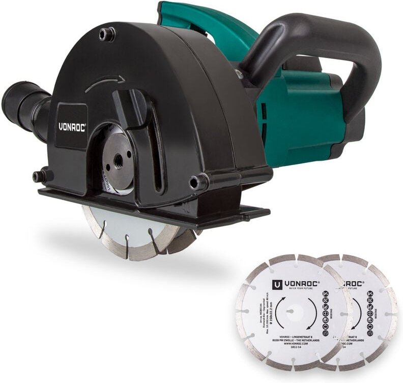 Vonroc - Mauernutfräse Schlitzfräse 1700 w - 150 mm Komplettset mit 4 Stück Diamantscheiben und Aufbewahrungstasche