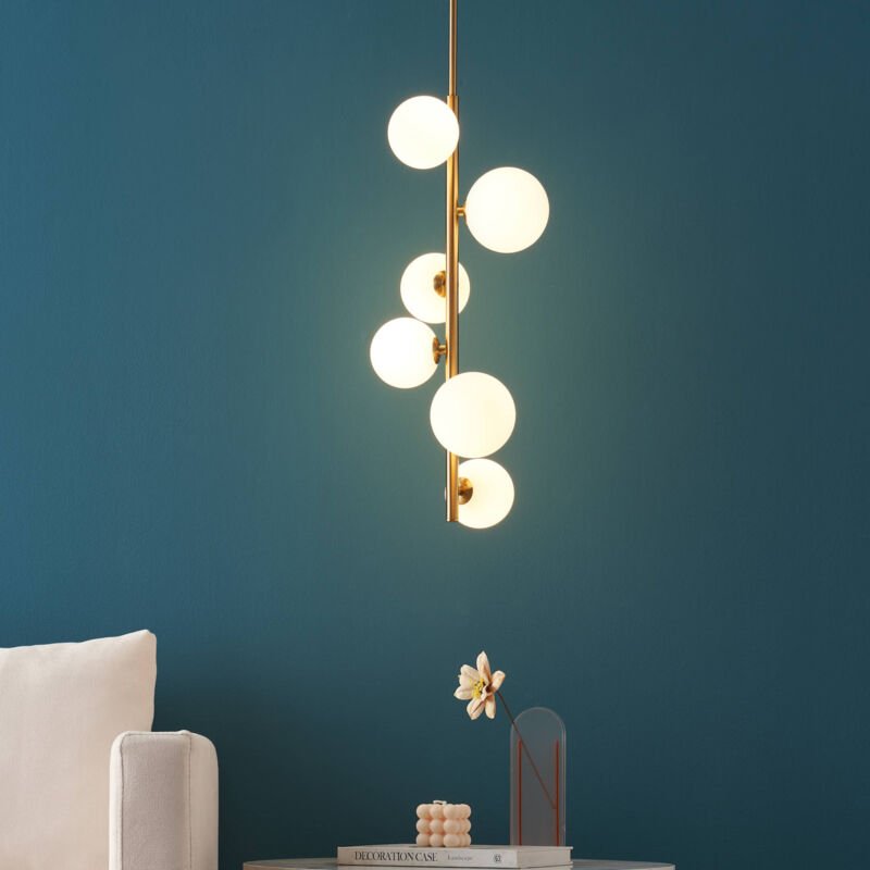 Kosilum - Vertikale Hängelampe aus goldfarbenem Metall und weißem Glas -Marbella