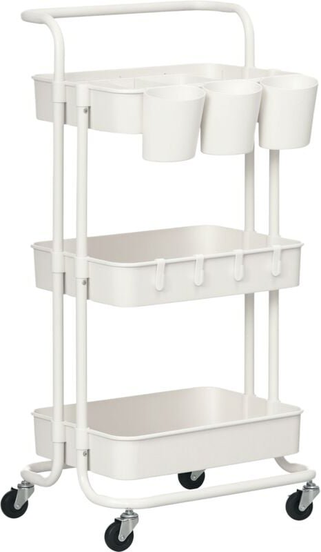 Homcom - Servierwagen mit 3 Etagen Küchenwagen mit Griff Rollen Küchenregal mit Haken und Ablagekörben, Allzweckwagen Kü...