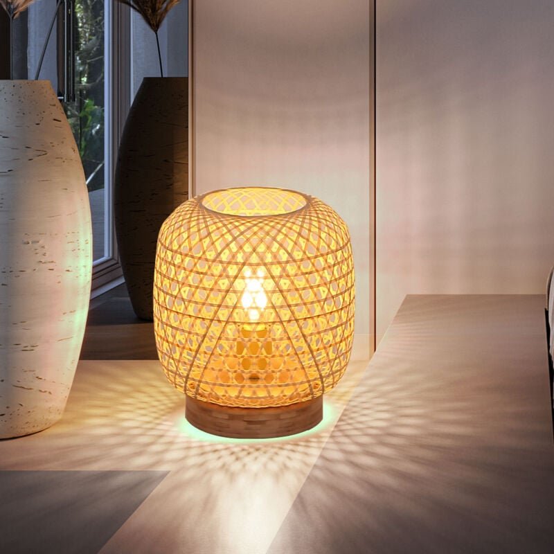 Tischleuchte Bambus Tischlampe Bambusgeflecht Beistellleuchte natur Wohnzimmerleuchte, 1x E27 Fassung, DxH 23,5x27 cm