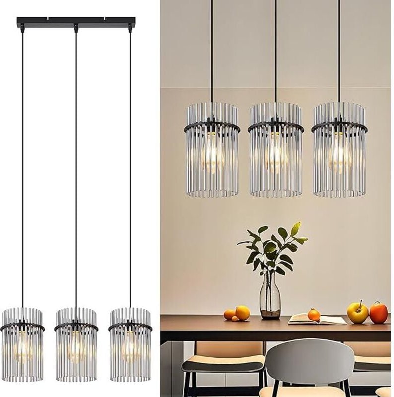 GBLY Pendelleuchte Schwarz Hängelampe Esstisch 3 Flammig E27 Vintage Glasschirm Ø 16 Für Küche Cafe Bar Wohnzimmer Ohne ...