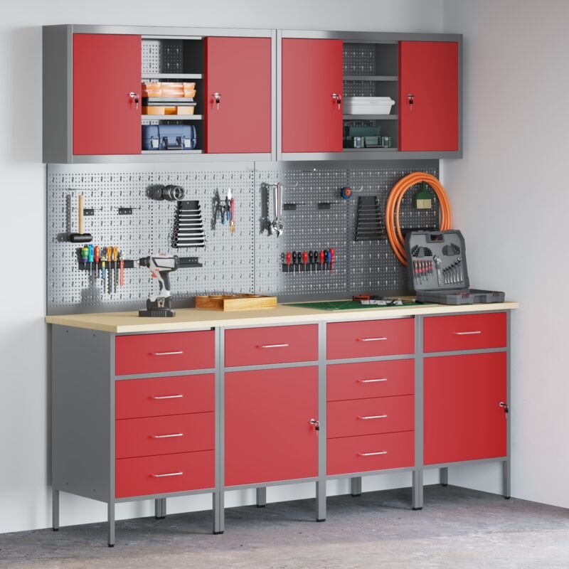 vidaXL 10-tlg. Werkstattschrank-Set mit Stecktafel Rot MDF Metall
