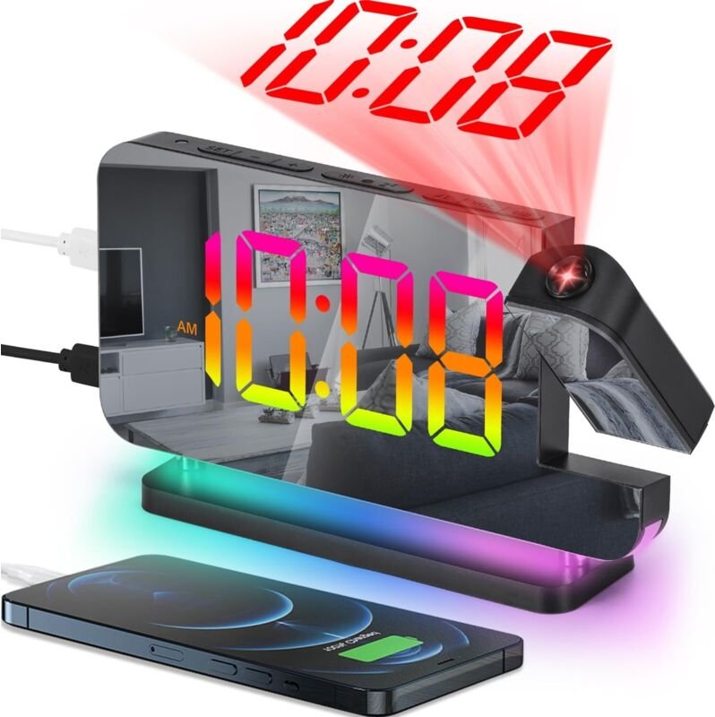 Projektionswecker, 7,4-Zoll-Digitaluhr mit Spiegeldisplay, 180° drehbarem Projektor, RGB-Nachtlicht, USB-C-Ladeanschluss...