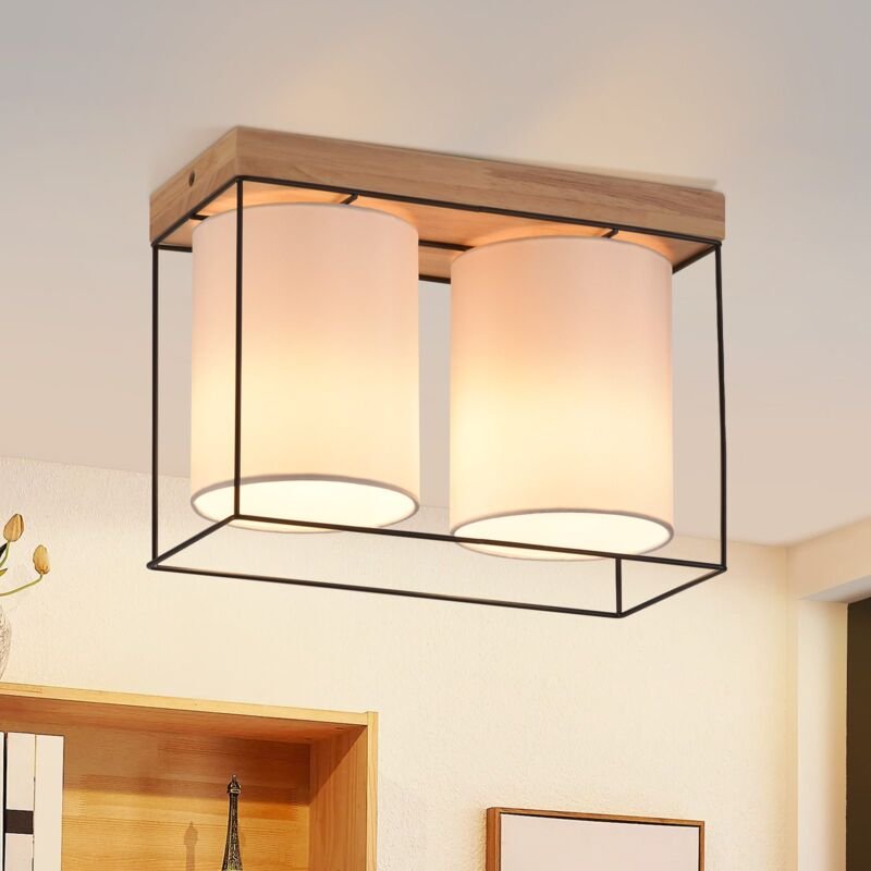 Deckenlampe Schlafzimmer Deckenleuchte Vintage - 2 Flammig E14 Holz Küchenlampe mit Stoff-Lampenschirm Industrial Retro ...