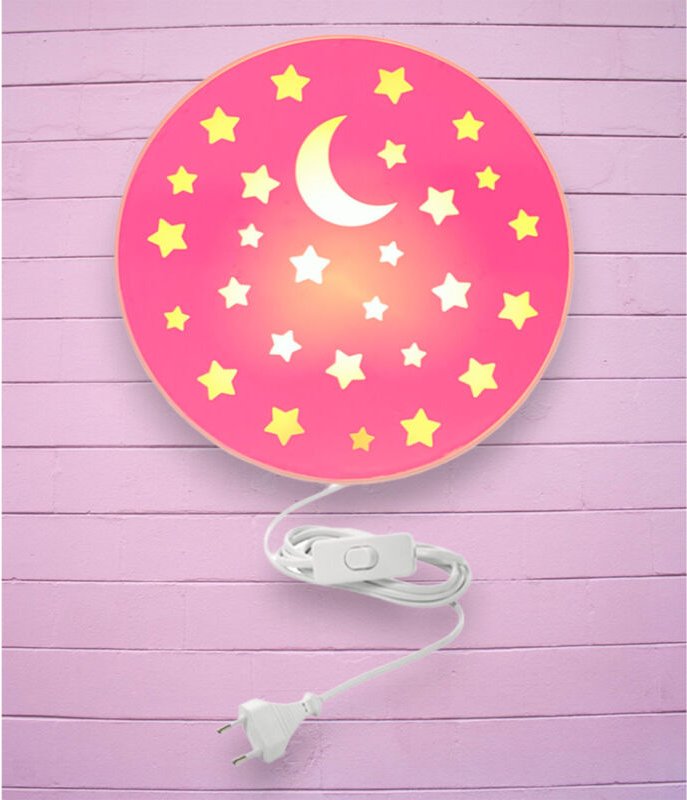 Kinderzimmer Wandlampe mit Mond & Sternen Pastellrosé Schalter und Stecker Ø25cm