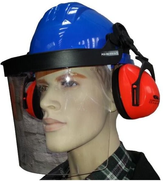 Bauhelm mit Gesichts- und Gehörschutz in versch. Farben blau