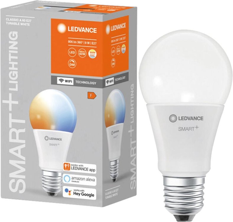 LEDVANCE LED-Lampe SMART+ WiFi Classic, A60, E27, EEK: F, 9 W, 806 lm, 2700…6500 K, Smart