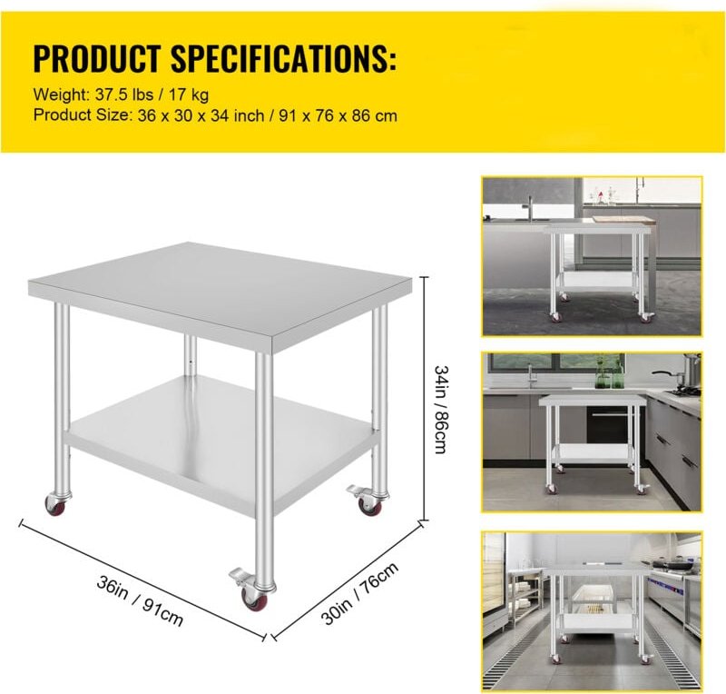 Mophorn Arbeitstisch aus Edelstahl, 91,4 x 76,2 x 86,4 cm, 318,8 kg Tragkraft, mit 4 Rädern, 3 einstellbaren Höhenstufen...