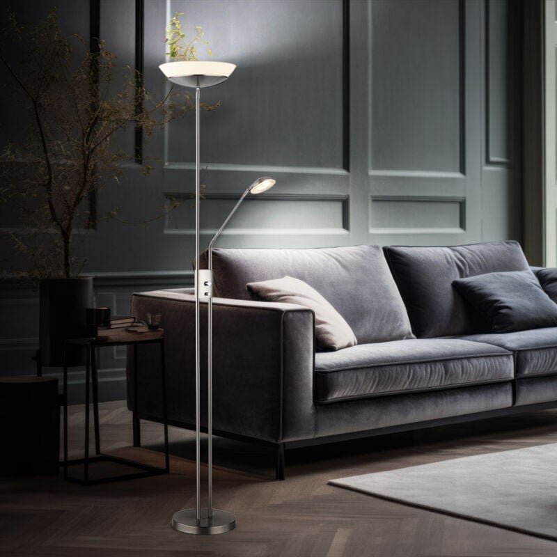 LED Stehlampe Deckenfluter Wohnzimmerlampe Schlafzimmerleuchte, Metall Glas Kunststoff nickel satiniert, dimmbar Flexo s...