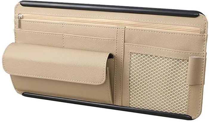 Memkey - PU-Leder-Auto-Sonnenblenden-Organizer für Karten, Brillen, mehrere Taschen (beige)