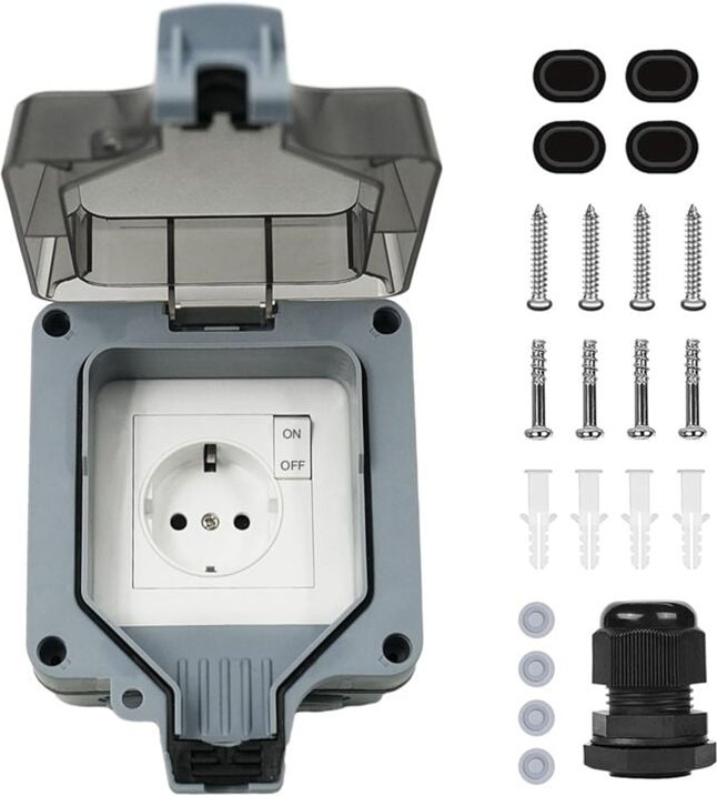 Außensteckdose Wasserdicht 1-Fach IP66 mit Schalter Kontrollleuchte und Klappdeckel Abschließbar eu Stecker