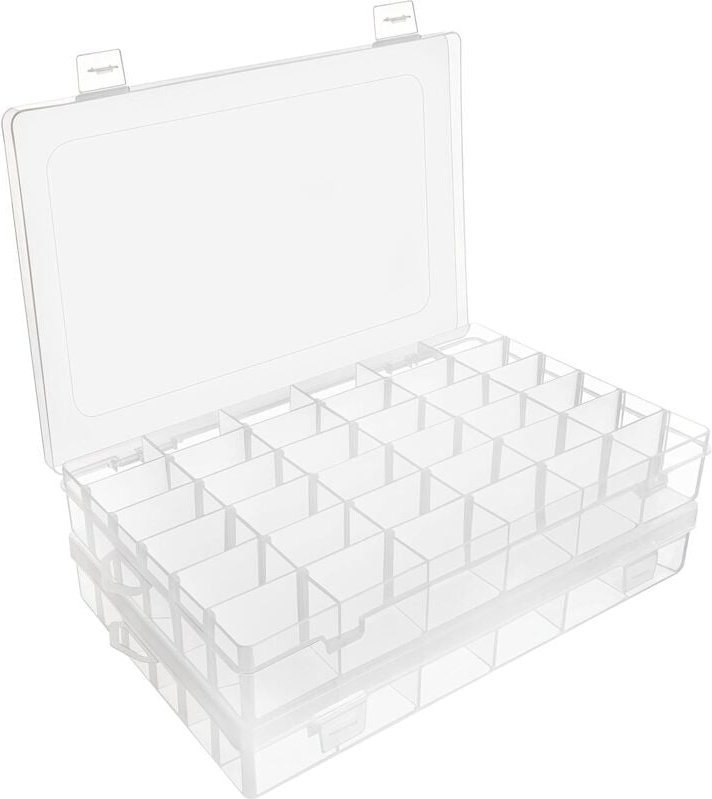 Set mit 2 durchsichtigen Fächerboxen aus Kunststoff – 27,3 x 17,6 x 4,3 cm – Aufbewahrungsbox aus Kunststoff mit 36 vers...