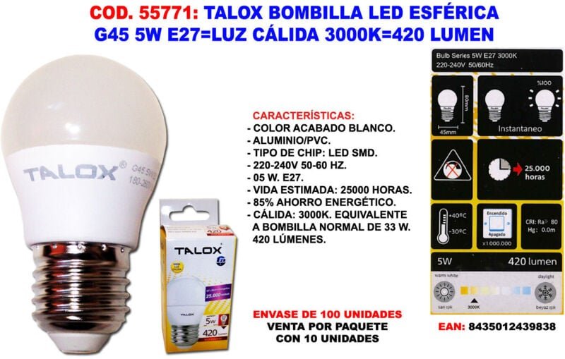 Fplus - Sphärische LED-Glühbirne G45 5 w E27, warmes Licht 3000 k, 420 Lumen