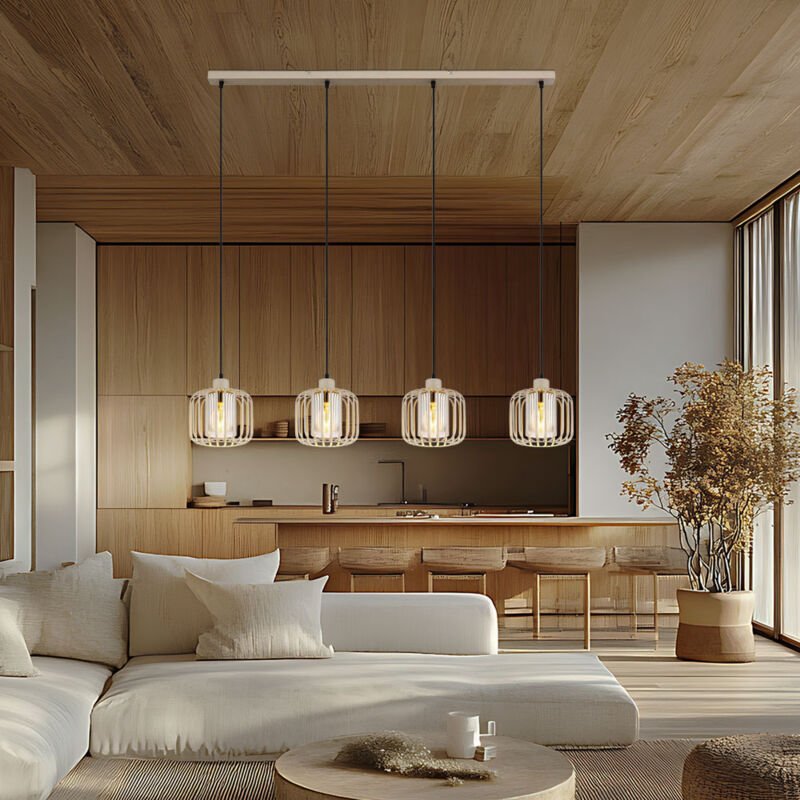 Hängelampe sandfarben Esstischleuchte Pendellampe Rauchglas Wohnzimmerlampe, Metall Glas, 4x E27, LxBxH 108 x 18 x 120 c...